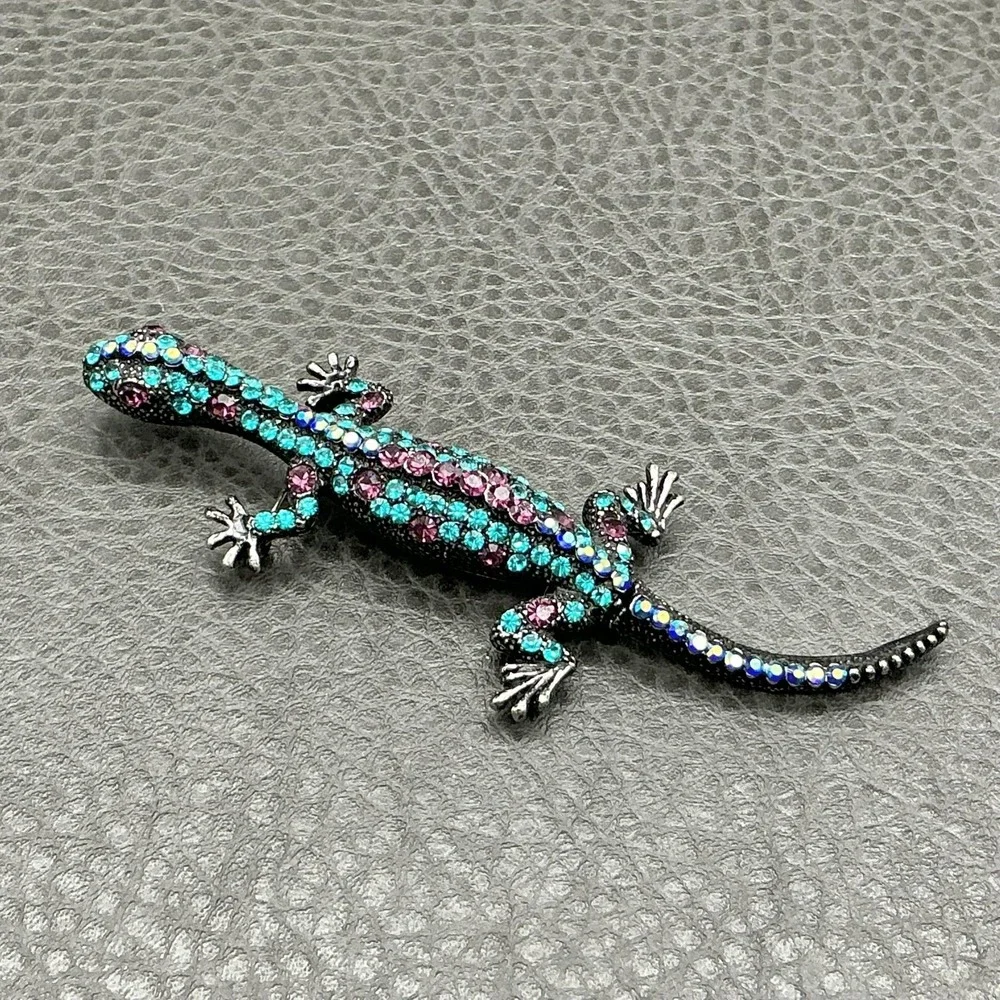 Multicolor Lizard Brooch Pin Turquoise Purple Rhinestone Reptile Animal Jewelry